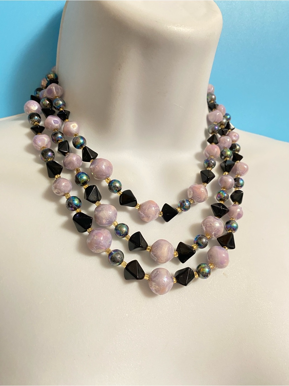 Japan Necklace Triple Strand Glass &’Acrylic Beads Vintahe 17”